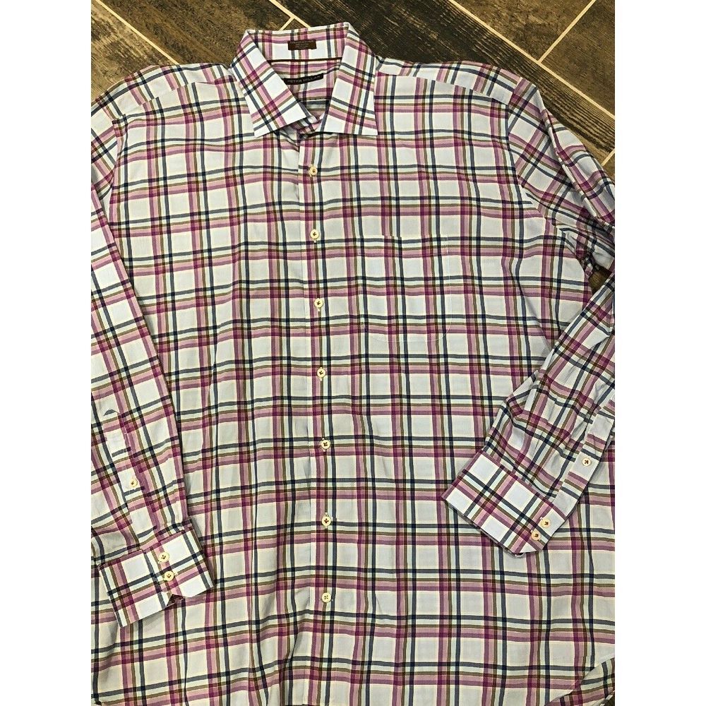 Mens PETER‎ MILLAR Shirt XXL Plaid Spread Collar Cotton Recent Purple Blue